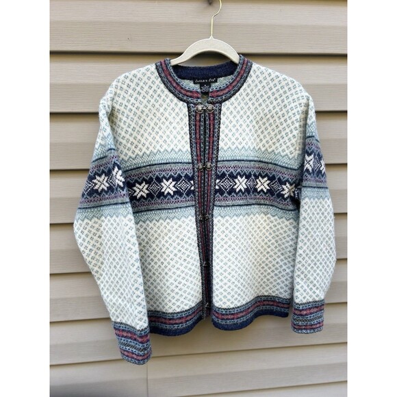 VTG Eagle's Eye Wool Fair Isle Nordic Snowflake Cardigan Sweater oversized S - Picture 2 of 9